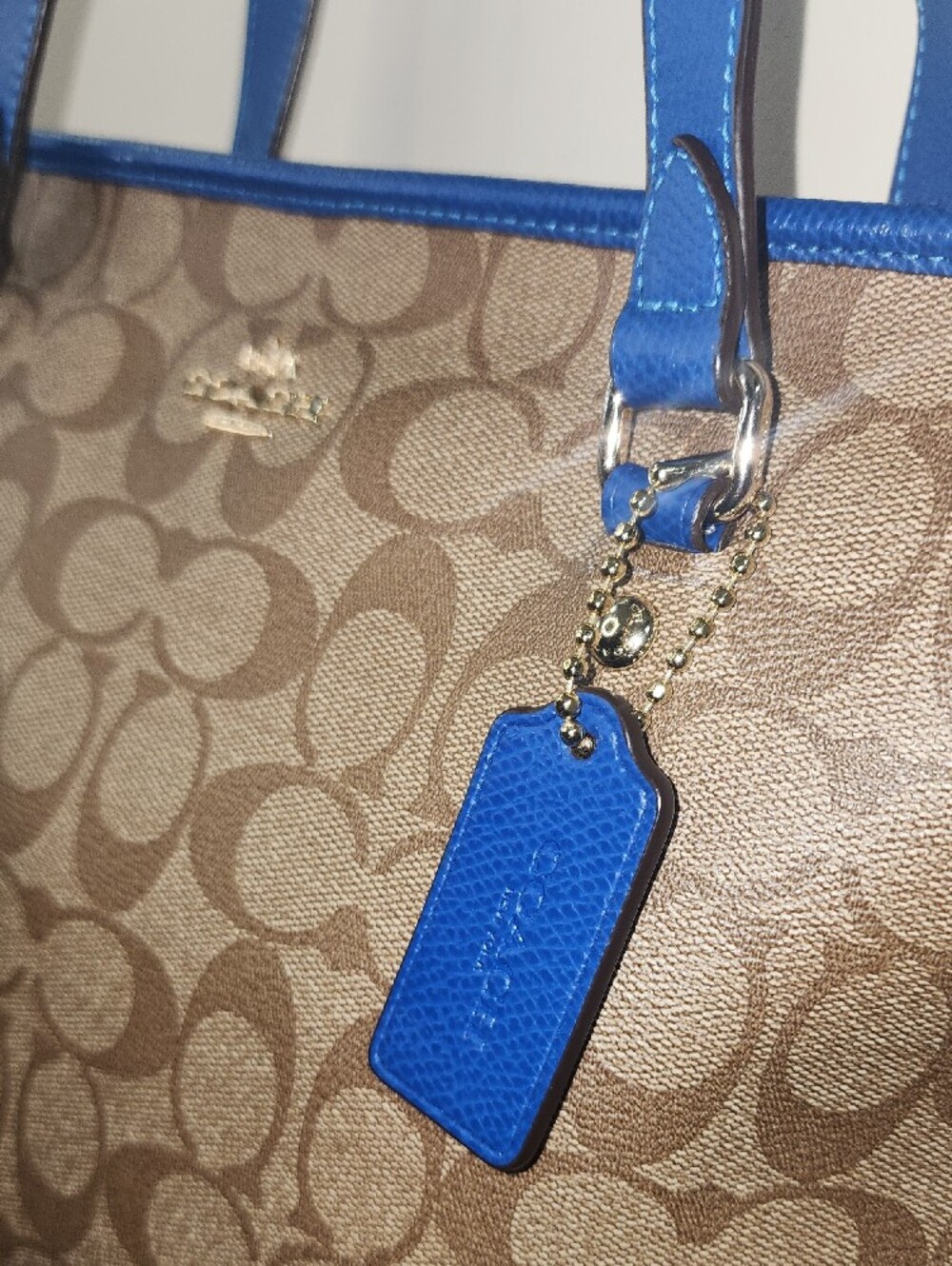 Coach Brown Signature Canvas Tote with Blue Trim - Picture 4 of 17